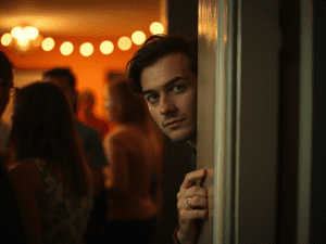 An introvert peeking from behind a door hesitant to join