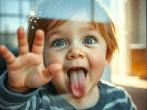 A young child licking a window