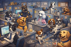 Cartoon dogs acting as office workers in an open-plan workplace.