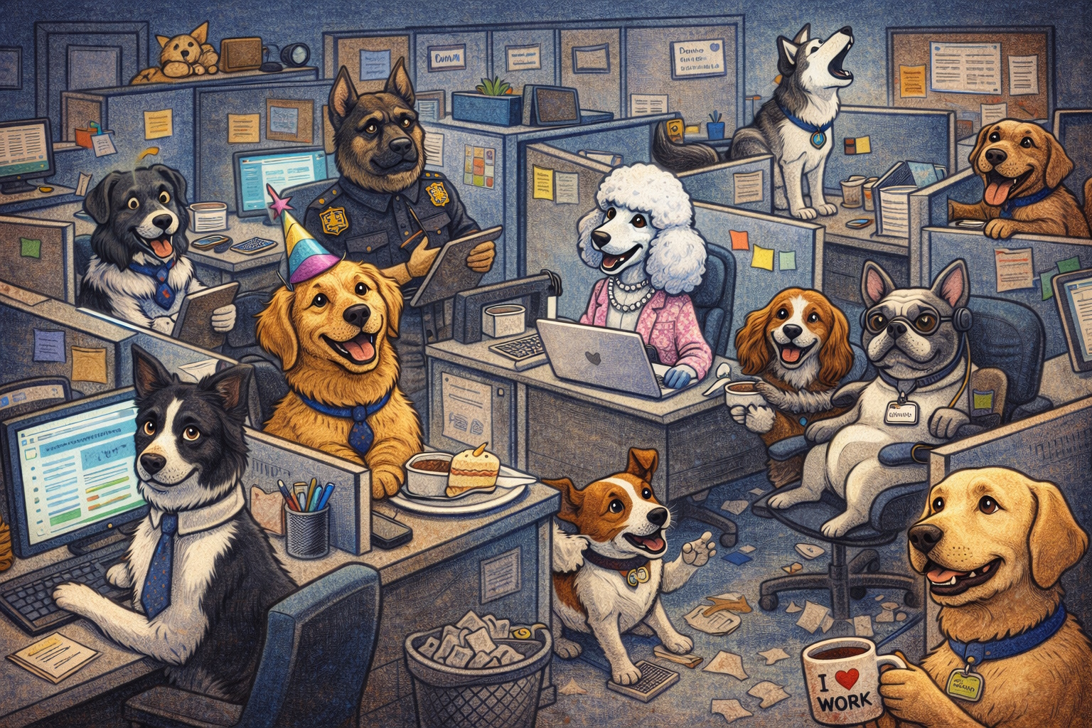 Cartoon dogs acting as office workers in an open-plan workplace.